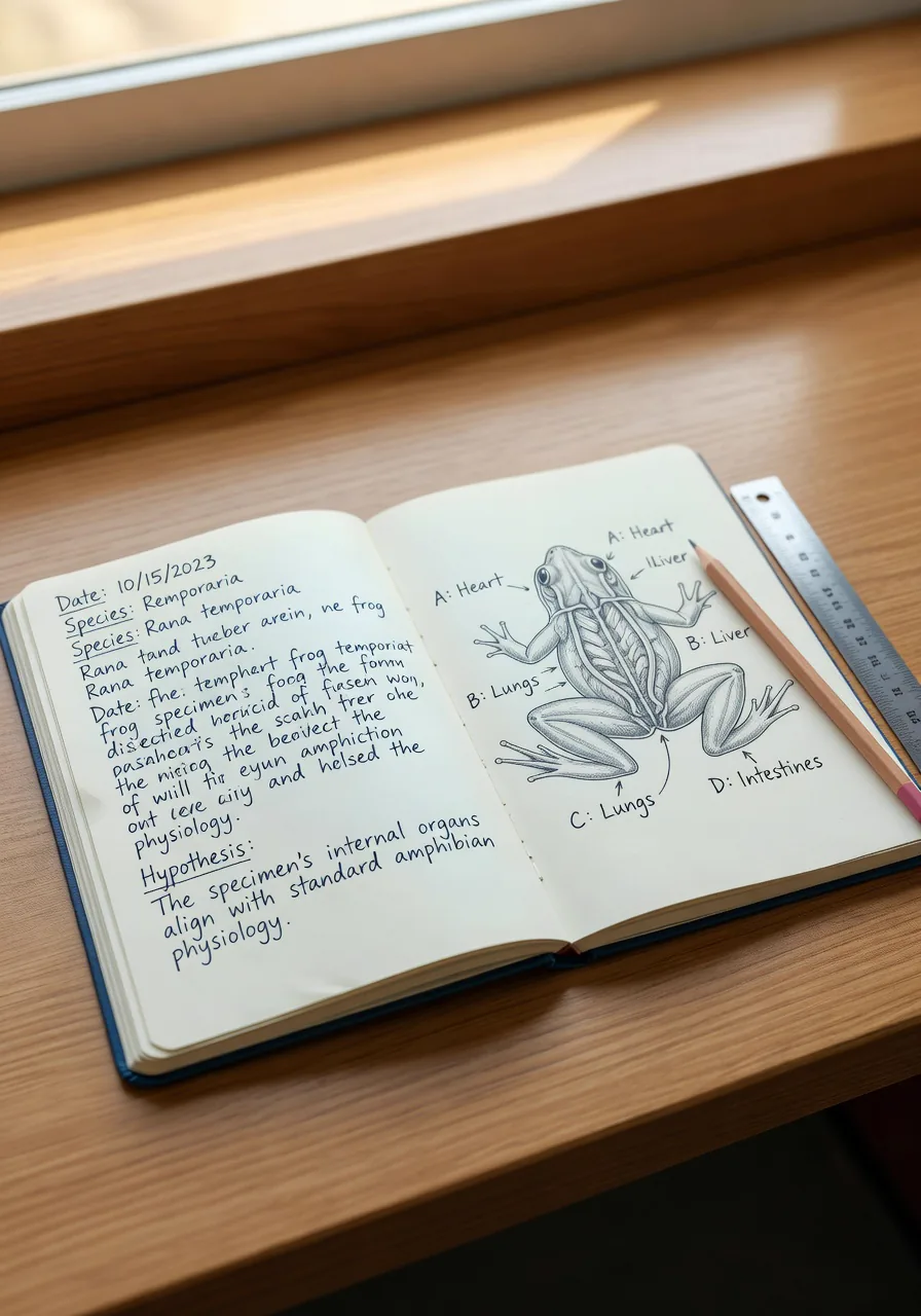 A lab notebook open to a two-page spread: handwritten observations on the left, careful labeled anatomy drawing on the right.