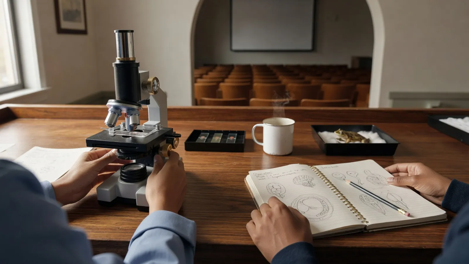 Two pairs of student hands working together at a microscope and a tray of slides; a hand-drawn observation notebook open between them. Soft window light. The lecture hall is visible, empty, in soft focus through a doorway behind.