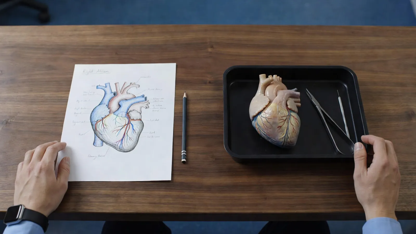 Side by side on a wooden bench: a hand-labeled paper diagram of a heart in cool blue tones on the left; a real preserved heart specimen on a dissection tray under warm light on the right. The two are framed equally to invite comparison, not contrast.