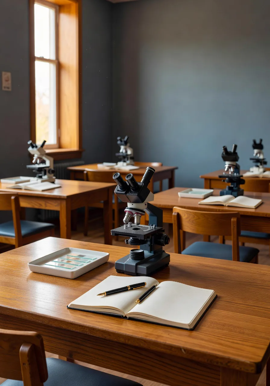 A high-school science lab at 9 AM: paired wooden benches with compound microscopes, slide trays, and open lab notebooks.