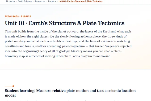 Screenshot preview of the Earth Science Unit 1: Earth’s Structure & Plate Tectonics learning pathway on screen.