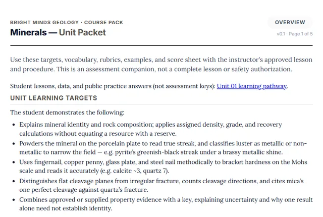 Screenshot preview of the Geology Unit 1: Minerals printable packet page.
