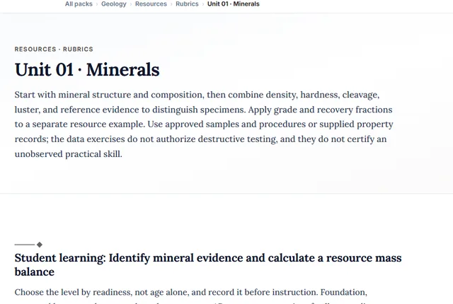 Screenshot preview of the Geology Unit 1: Minerals learning pathway on screen.