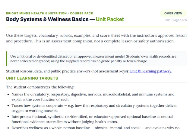 Screenshot preview of the Health & Nutrition Unit 1: Body Systems & Wellness Basics printable packet page.