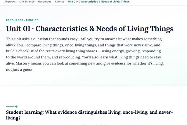 Screenshot preview of the Life Science Unit 1: Characteristics & Needs of Living Things learning pathway on screen.