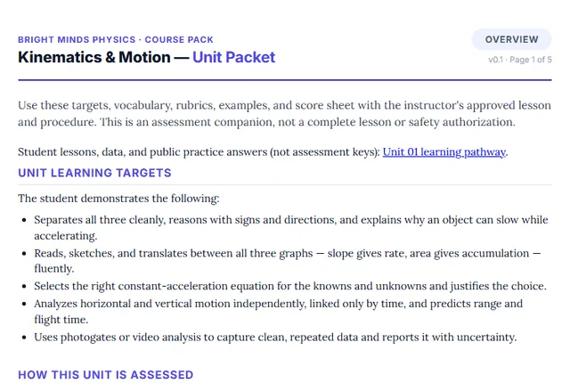 Screenshot preview of the Physics Unit 1: Kinematics & Motion printable packet page.