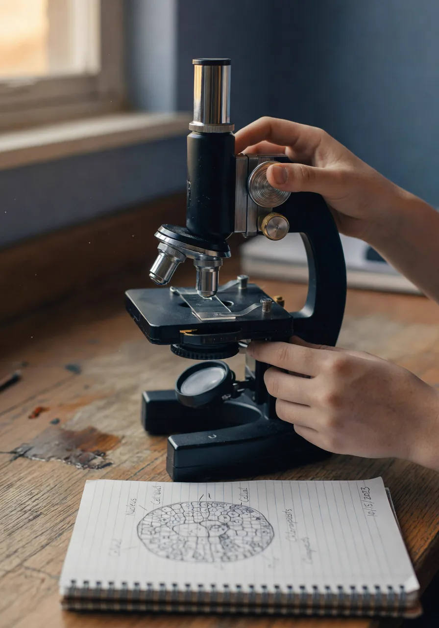 Hands adjusting the focus on a compound microscope above a hand-drawn cell sketch in a lab notebook.