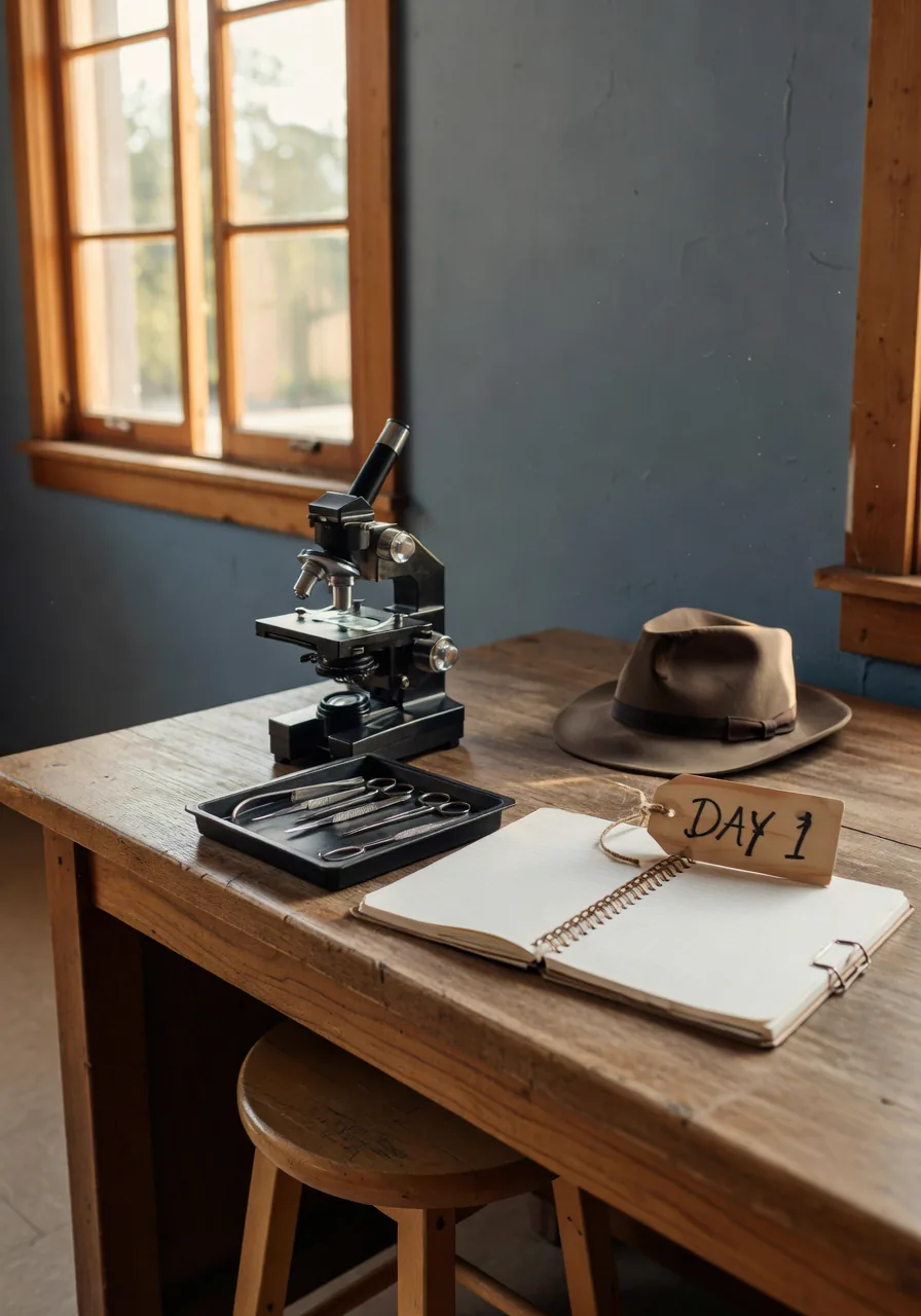 A wooden lab bench in summer light with a microscope, dissection instruments, and an open lab notebook.