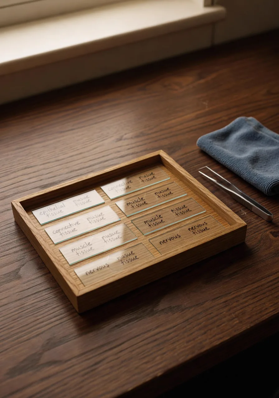 A wooden slide tray of 12 hand-labeled prepared microscope slides with stainless forceps beside it.